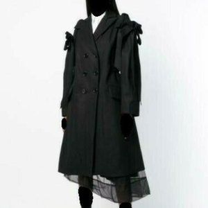 NEW Simone Rocha Ruffle Bow Sleeve Double Breast Black Wool Coat  UK 8 US 4/6